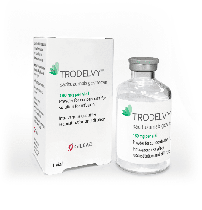TRODELVY injection comes as a powder in a single-dose vial, packaged in a white carton.